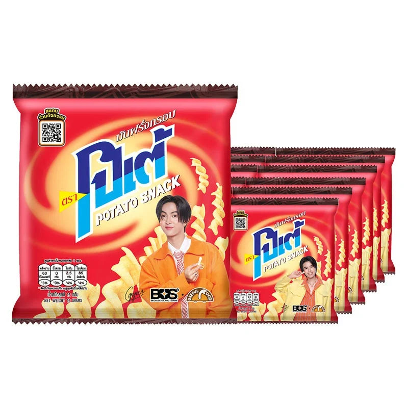 Potae Potato Extrude Snack 12g x12, crispy potato snack in colorful packaging, from POTAE brand, displayed in a grocery setting.