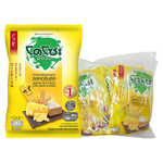 Dozo Japanese rice crackers with corn and cheese flavor, 56g packs, stacked in a clear plastic tray for snack enjoyment.