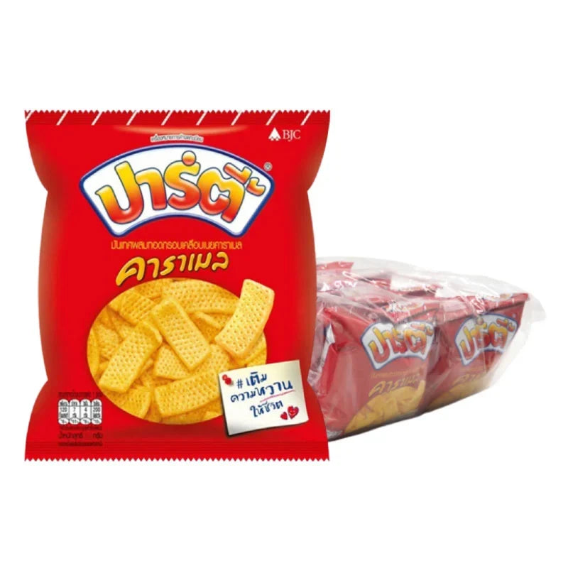 Party Extruded Snack Caramel 12g x12 pack, dry grocery confectionery with individually wrapped caramel snack pieces.
