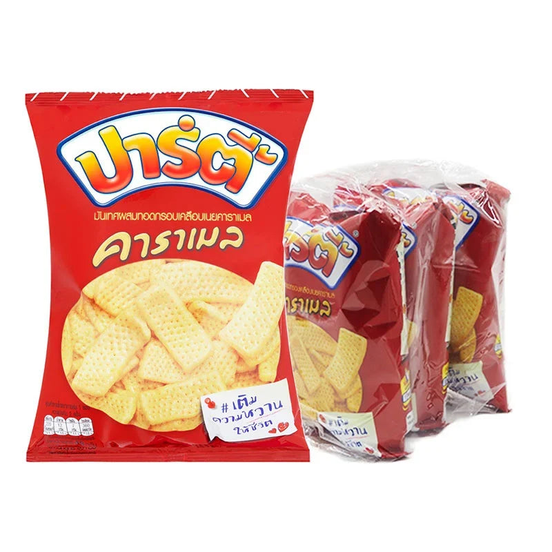 Party sweet potato chips coated with butter caramel, 48g x3, snack confectionery with crispy chips and rich caramel flavor.