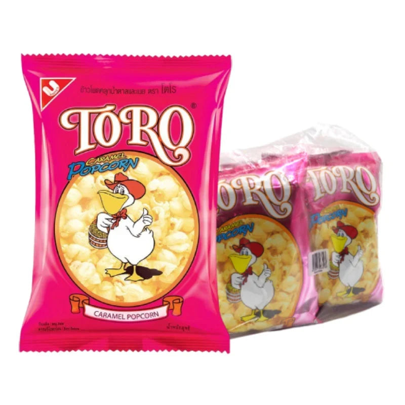 TORO Popcorn Extrude snack packs, 80g each, featuring crunchy, salty popcorn in a dry grocery snack pack.