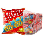 PU Thai Crispy Snack Squid in 12g packets, dry grocery snack, featuring golden, crunchy squid pieces in a resealable bag.