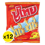 PU Thai Crispy Snack Squid in 12g packets, dry grocery snack, golden fried squid pieces, crisp texture, ready to eat.