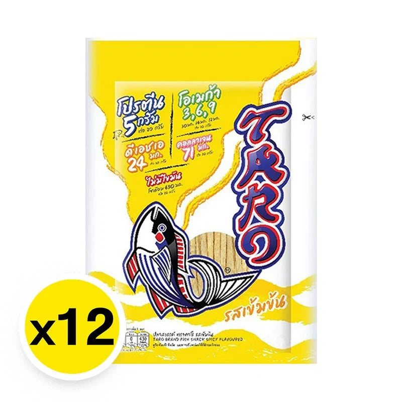TARO Taro Fish Snack 5g pack, dried seafood snack with crispy fish pieces, popular in Asian snack foods, 12-pack, front view.