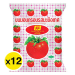 FF Snack Tomato Flavored dry snacks in 15g x12 packs, featuring bright tomato-flavored confectionery and snack pieces.