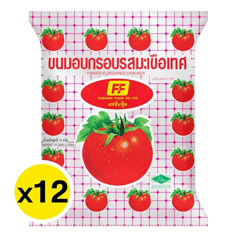 FF Snack Tomato Flavored dry snacks in 15g x12 packs, featuring bright tomato-flavored confectionery and snack pieces.