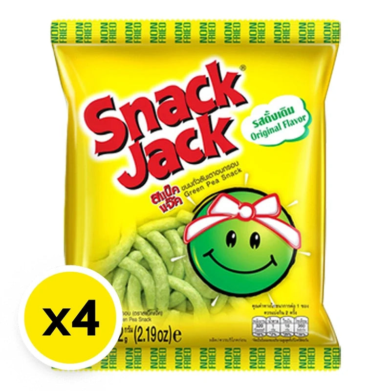 SNACK JACK Green Pea Originals snack bags, 62g x4, crispy dry grocery snack with green pea flavor and colorful packaging.