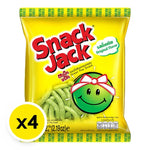 SNACK JACK Green Pea Originals snack bags, 62g x4, crispy dry grocery snack with green pea flavor and colorful packaging.