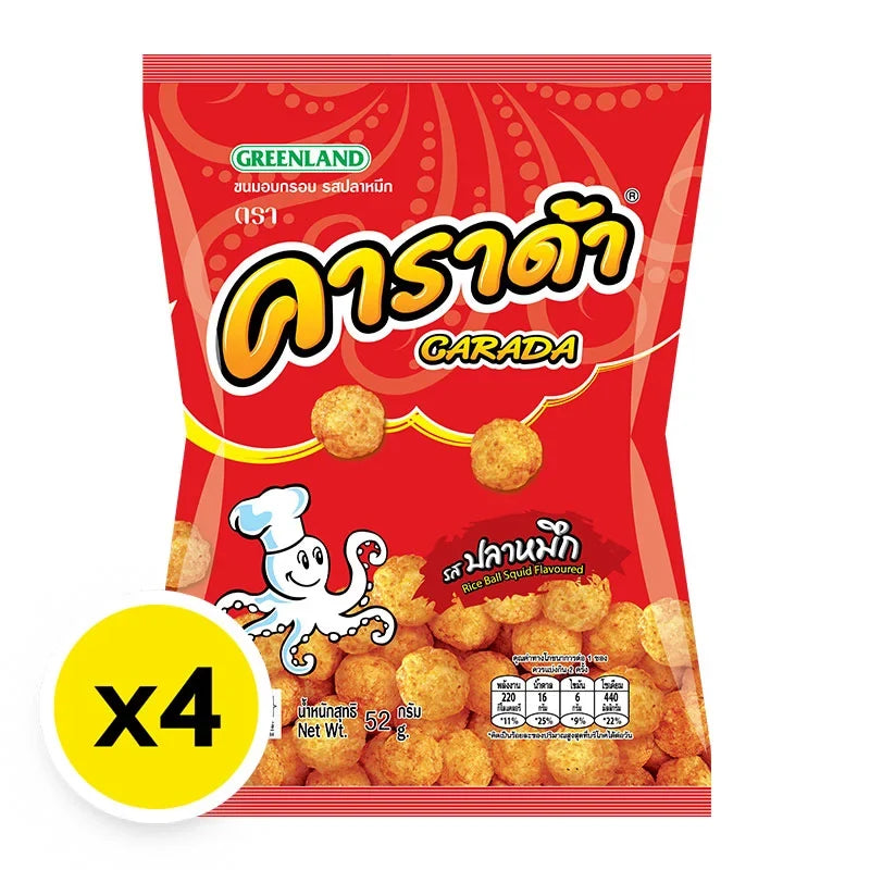 Carada Crispy Snack Squid Flavor 52g, dry snack with crunchy texture, in a colorful package, perfect for snack lovers.
