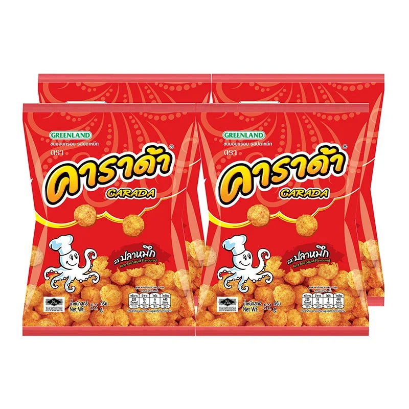 Carada Crispy Snack Squid Flavor 52g package, dried seafood snack, crunchy and flavorful, in a colorful packaging.