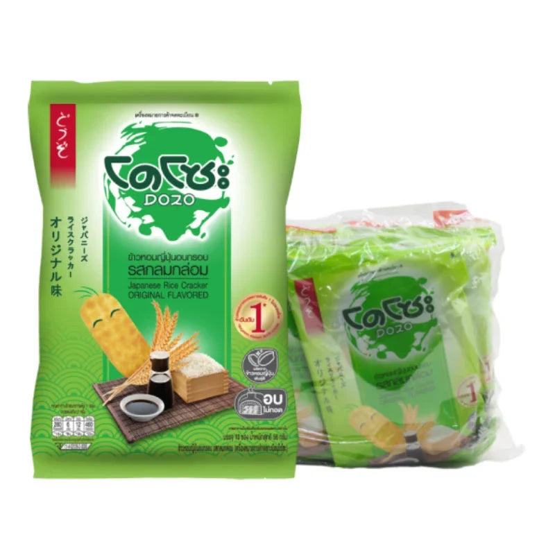 Dozo Japanese rice crackers, 56g packs, featuring crispy, golden-brown snack crackers in a colorful box, ideal for dry grocery.