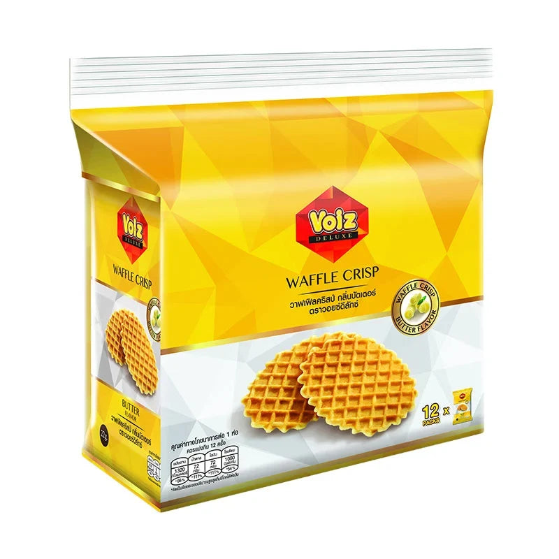 Voiz Waffle Crisp Butter snack pack, 22g x12, dry grocery snack with crunchy waffle texture and buttery flavor.