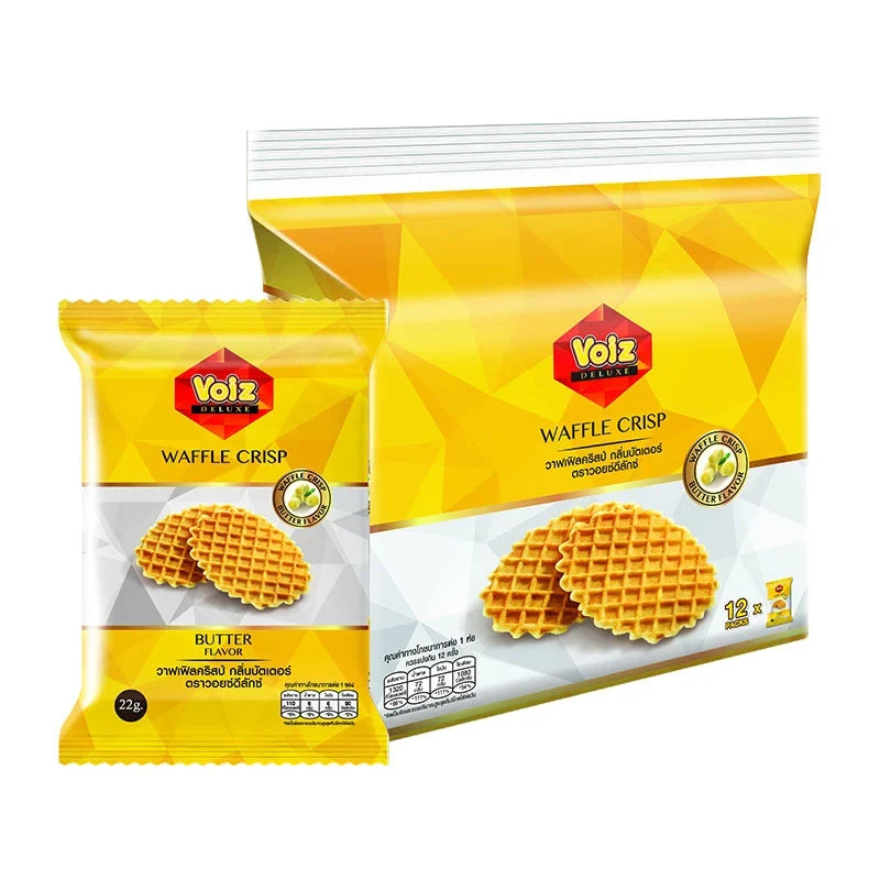 Voiz Waffle Crisp Butter snack box with 12 packs, 22g each, featuring crispy waffle snacks perfect for dry grocery and confectionery.