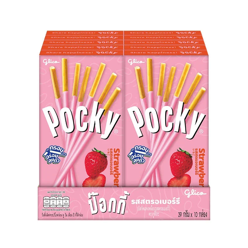 Pocky Strawberry Biscuit Sticks, 39g packs, showing crunchy biscuit sticks coated with strawberry-flavored glaze.