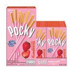 Pack of ten POCKY Strawberry Biscuit Sticks, 39g each, featuring crunchy wafers coated in strawberry-flavored chocolate.