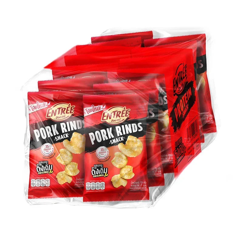 Entree Crispy Pork Rinds snack pack, 7g x12, dry grocery snack with crunchy pork rind pieces in a colorful package.