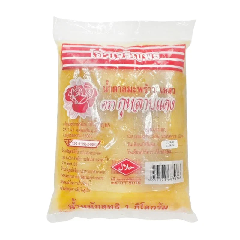 Red Rose Coconut Palm Sugar 1kg package, dry grocery product with red rose branding and textured sugar granules visible.