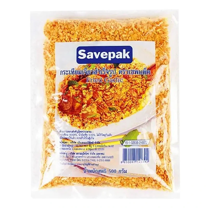 Savepak Fried Garlic 500g dry grocery package with golden fried garlic cloves in a sealed bag.