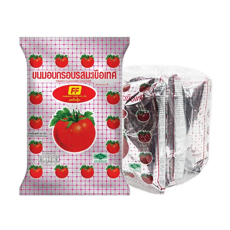 FF Cracker Snack Tomato Crispy, 58g pack, featuring crunchy tomato-flavored crackers in a three-pack for dry grocery snack options.