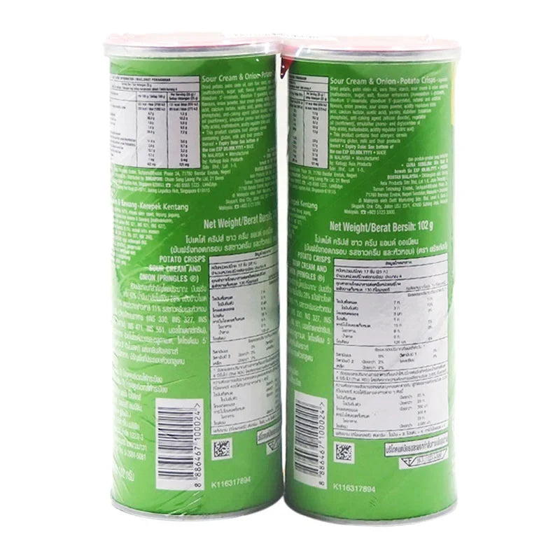 Two 102g cans of PRINGLES Sour Cream Chips in their colorful packaging, ready for snacking.
