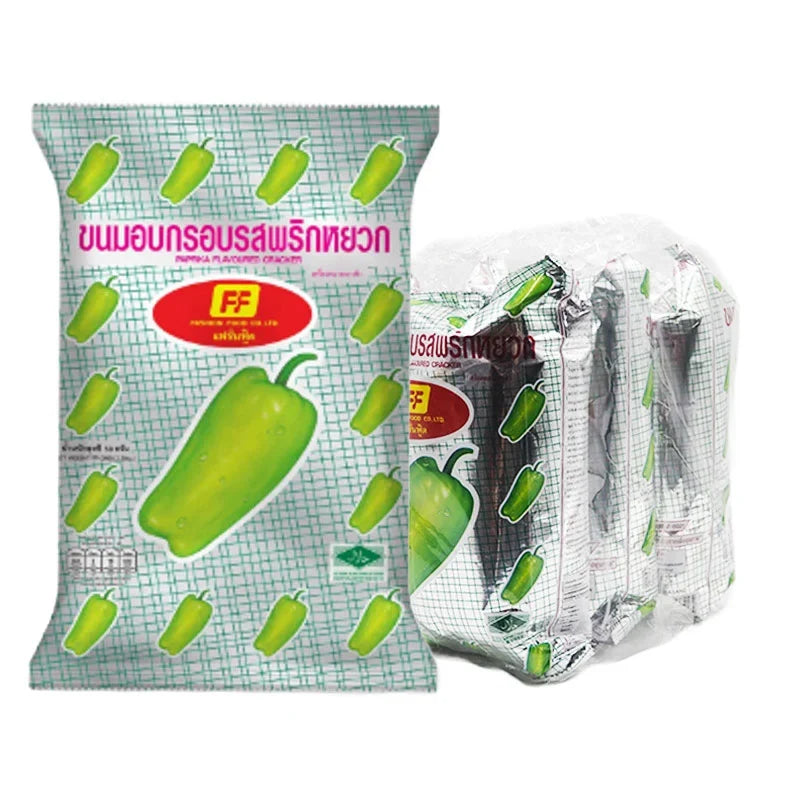 FF Prapika Cracker snack pack, three 58g packs of crispy dry grocery confectionery in colorful packaging.