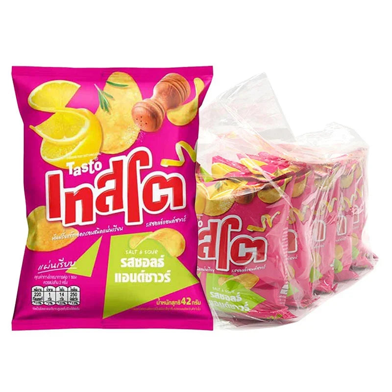 Tasto Potato Chips Salt & Sour Flavor 42g snack bag, crispy potato chips from Tasto in a colorful package.