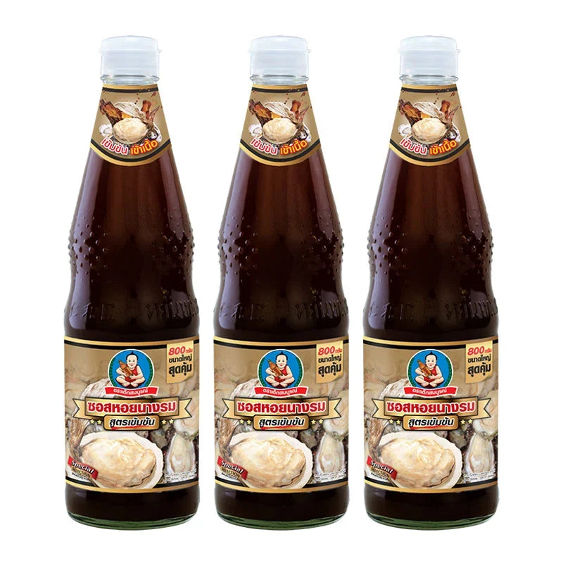 DEK SOM Boon Thick Oyster Sauce 800g bottle, dry grocery product, showcasing three bottles with labels and caps.