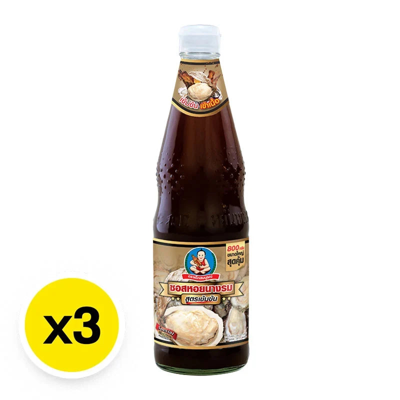 Three bottles of DEK SOM BOON Boon Thick Oyster Sauce in 800g bottles, arranged together, showcasing the product packaging.
