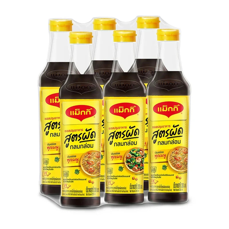 Maggi Seasoning Sauce bottles, 200ml each, in a pack of six, ideal for enhancing flavor in cooking and seasoning dishes.