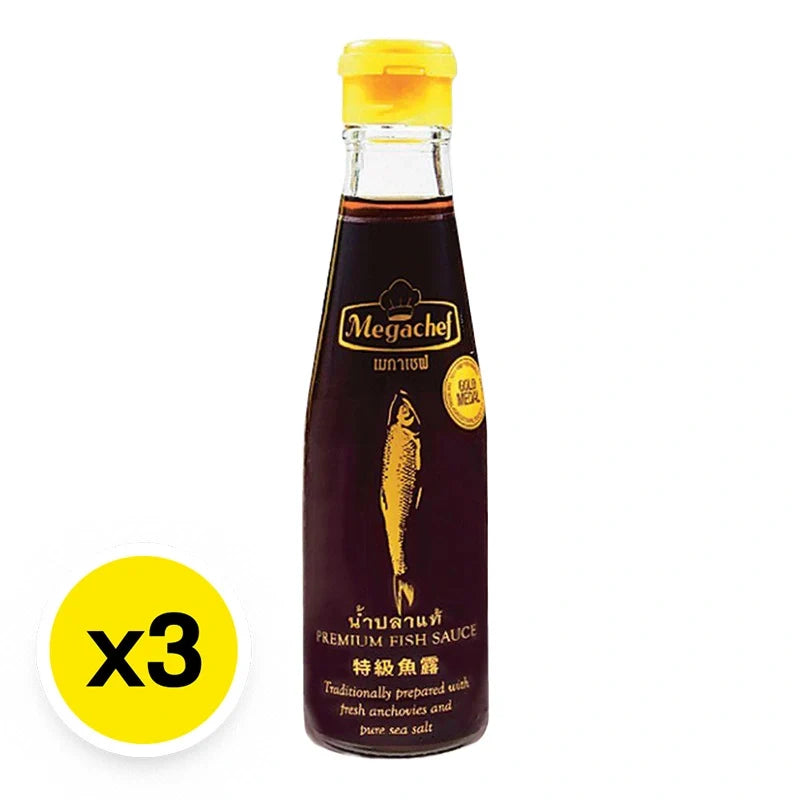 Three bottles of Megachef Fish Sauce, 200ml each, showing clear labels and dark liquid inside, in a dry grocery setting.