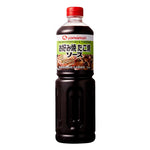 Yamamori Okonomiyaki Sauce 1L bottle, Japanese dry grocery condiment with dark soy-like appearance and label featuring Japanese characters.