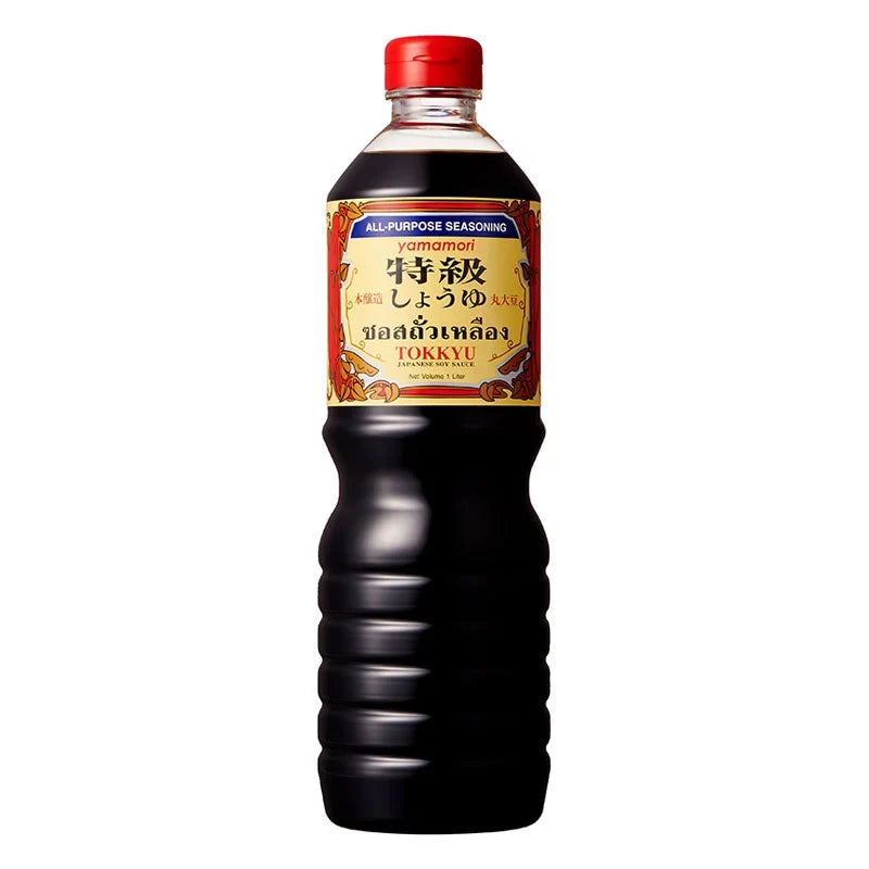 Yamamori Japanese Soy Sauce Tokkyu Extra 1L bottle in a clear glass container with a black label, suitable for dry grocery use.