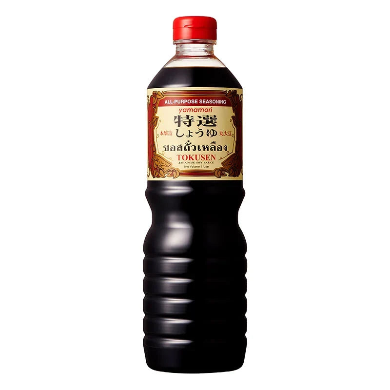 Yamamori Shoyu Special Tokusen soy sauce bottle, 1L, in clear packaging with Japanese text and label, suitable for dry grocery use.