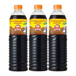 Three 1L bottles of Golden Mountain Sauce Brown, a dry grocery condiment, shown in clear bottles with golden labels.
