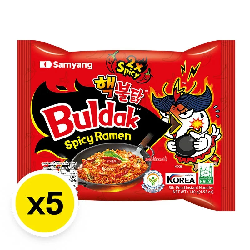 Samyang Ramen Hot Chicken Extreme dry noodle packs, 140g x5, with spicy ramen flavor and vibrant packaging.