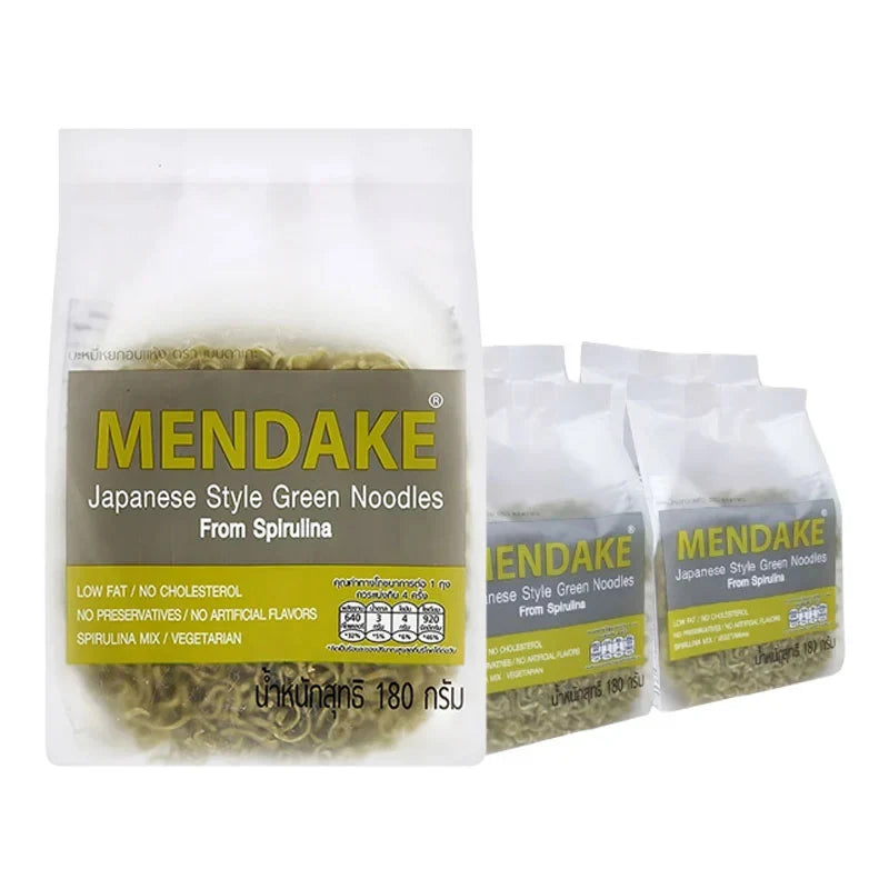 Mendake Green Noodle 180g pack, dry grocery, fresh green color, stacked in a bundle, product image from brand Mendake.