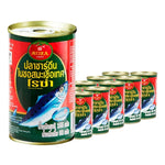 Cans of Roza Sardines in Tomato Sauce 155g, stacked in a box, part of dry grocery seafood collection.