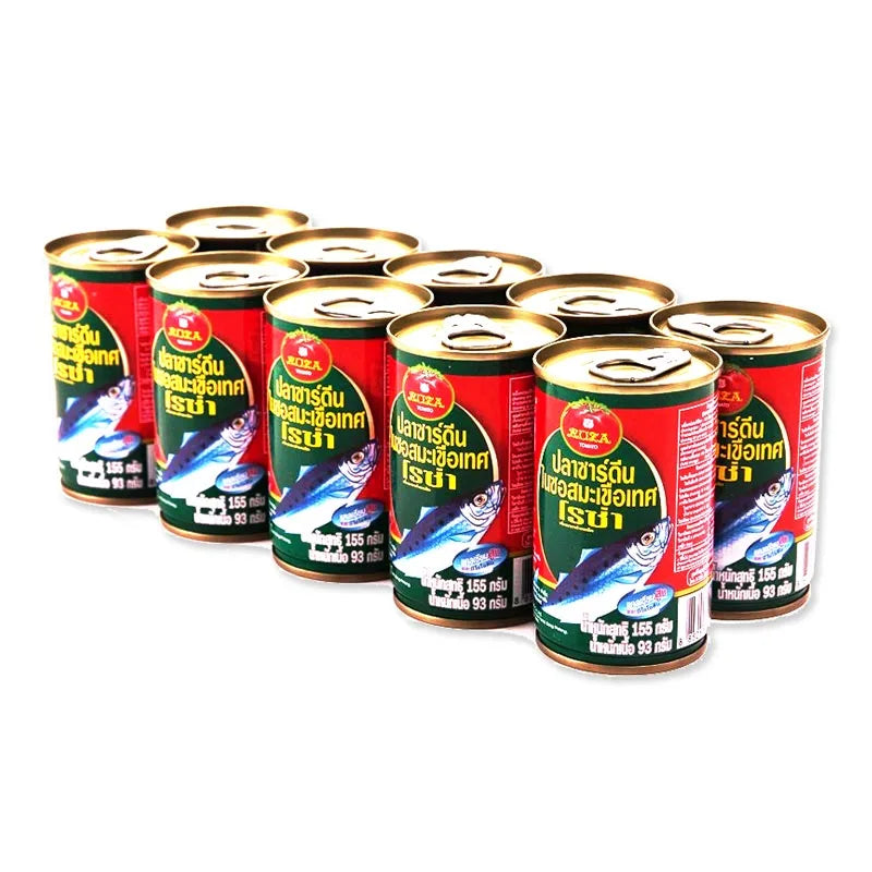 Canned Roza Sardines in Tomato Sauce 155g, pack of 10, featuring sardines in vibrant tomato sauce on a white background.