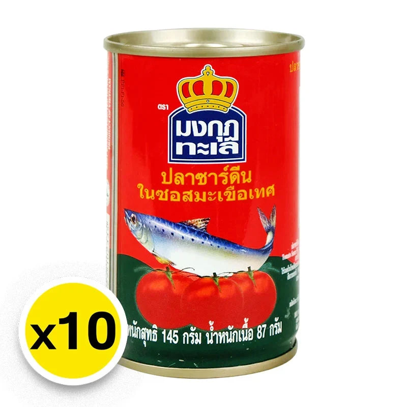 Canned Mongkut Talay Sardines in Tomato Sauce, 145g, displayed in a pack of 10, in a metal can with label and product image.