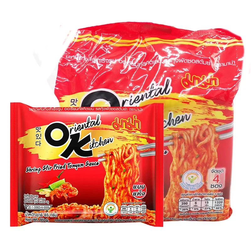 Mama Ok Shrimp Tom Yum Sauce 85g pack, dry grocery product, featuring a jar of spicy Thai seafood flavor sauce with a label.