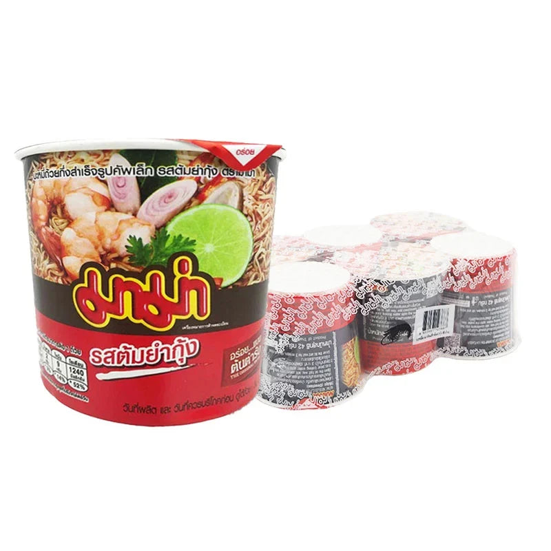 MAMA Mama Cup Instant Noodle Tomyum Kung 42g, dry grocery, showing spicy noodle cup with seafood flavor and seasoning packet inside.