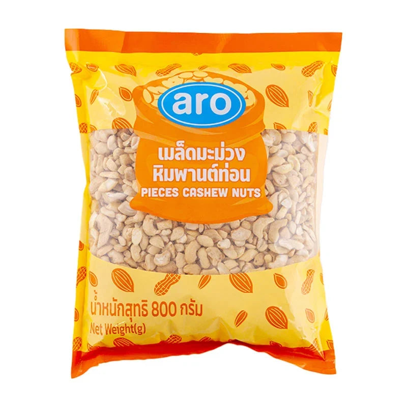 ARO Cashew Nut 800g in a clear plastic bag, showing light beige, whole dry roasted cashews for healthy snacking.