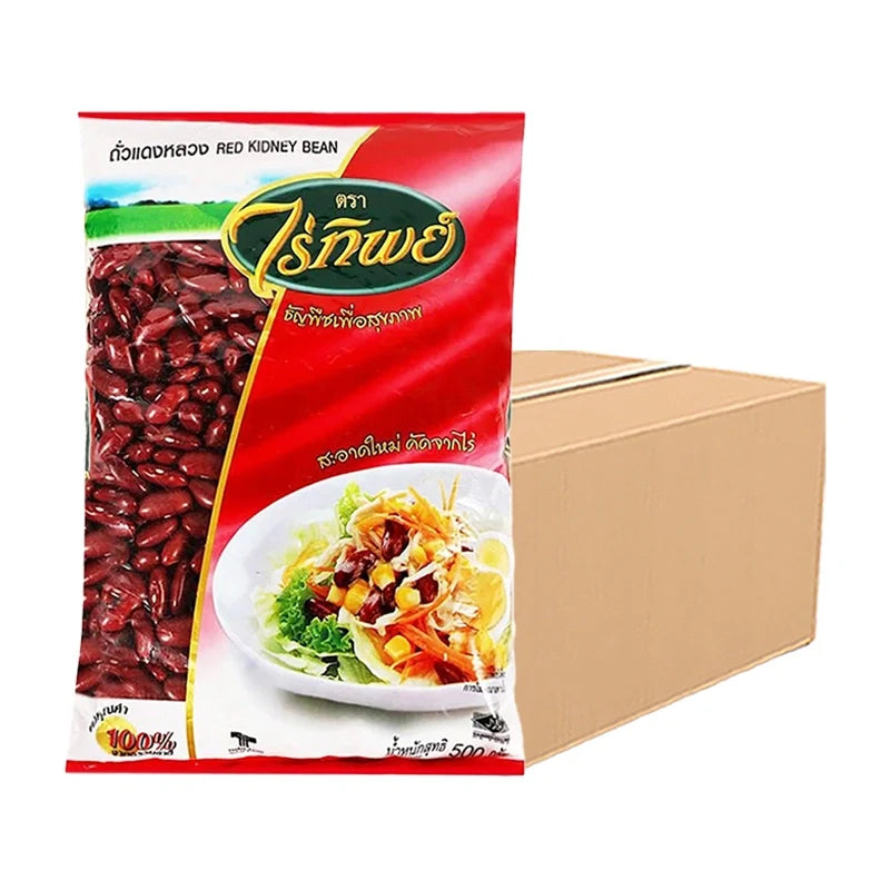 Raitip Red Kidney Beans 500g pack, dry grocery product, showing vibrant red kidney beans in a clear bag by the RAITIP brand