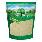 Heritage Raw Powder Almond in 500g package, dry grocery product, close-up of the almond powder in a clear container.
