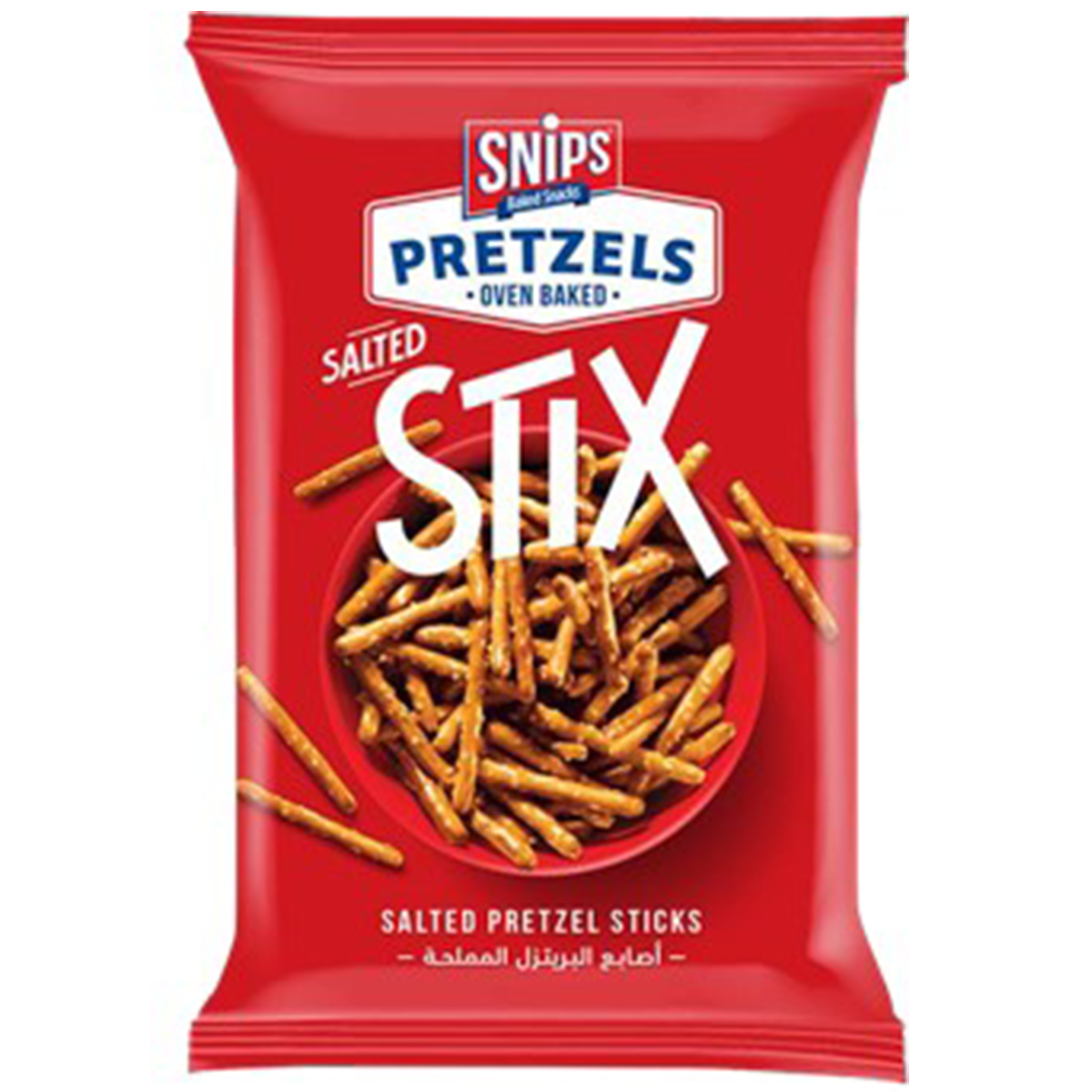 Snips Pretzels Original Stix, crunchy confectionery snacks with salted pretzel sticks in a clear bag.