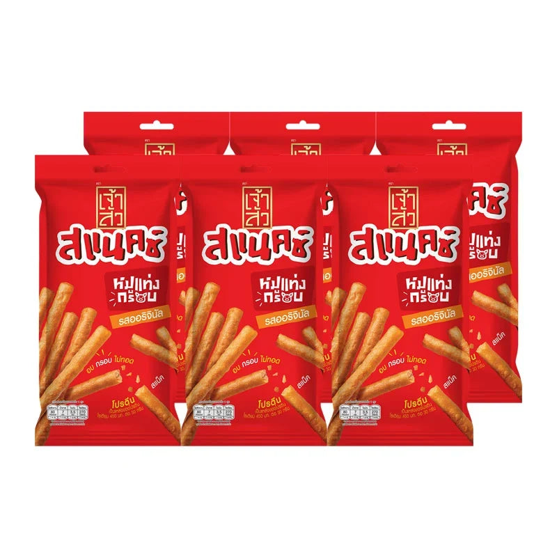 Chao SUA Snack Pork Stick 18g x6, dry grocery snack with savory pork flavor, packaged in six individual sticks.
