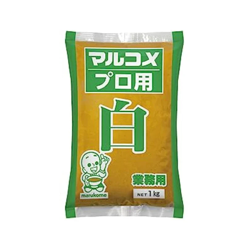 Marukome Shiro Miso white soybean paste in a dry grocery package, traditional Japanese seasoning for soups and dishes