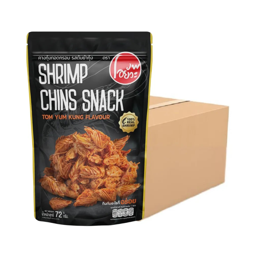 O-yua Crispy Fried Shrimp snack with Chin Tom Yum Kung flavor, 72g, showcasing the crunchy shrimp chips in a vibrant package.