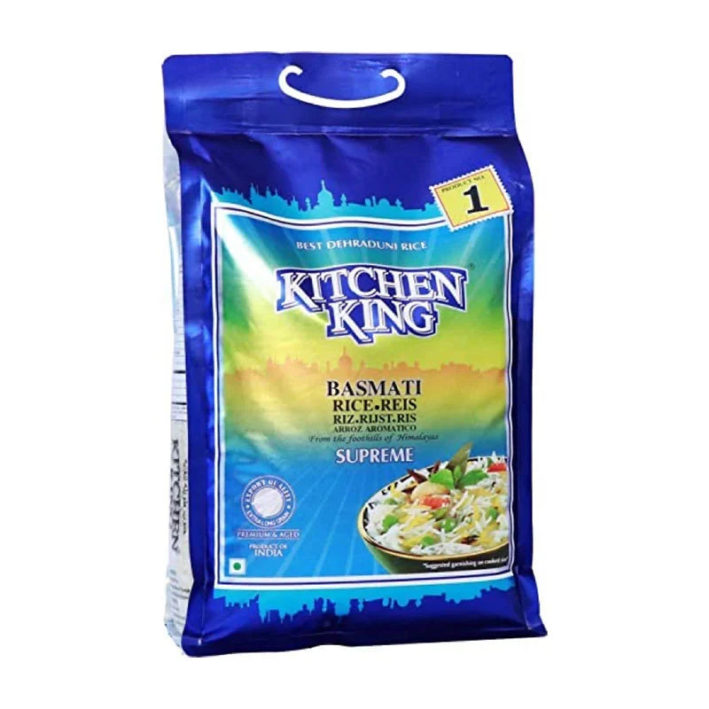 Kitchen King Basmati Rice 5kg dry grocery package with a clear label, showcasing long grains and brand logo.