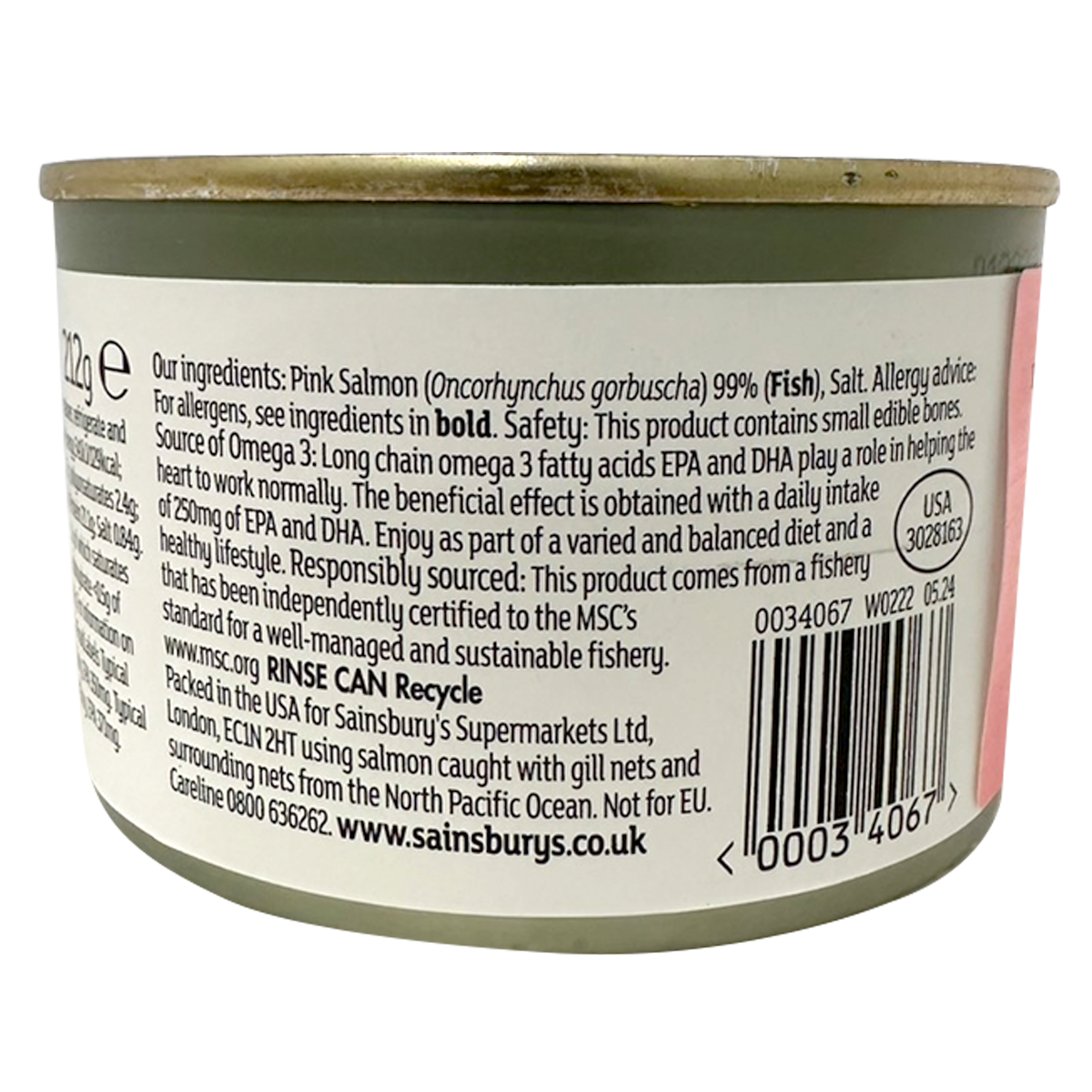 Sainsbury's Wild Pacific Pink Salmon in a can, showing the label and product image on the packaging.
